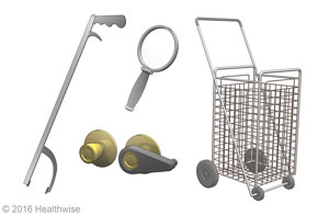 Grabbing tool, doorknob extender, hand mirror with padded handle, wheeled cart.